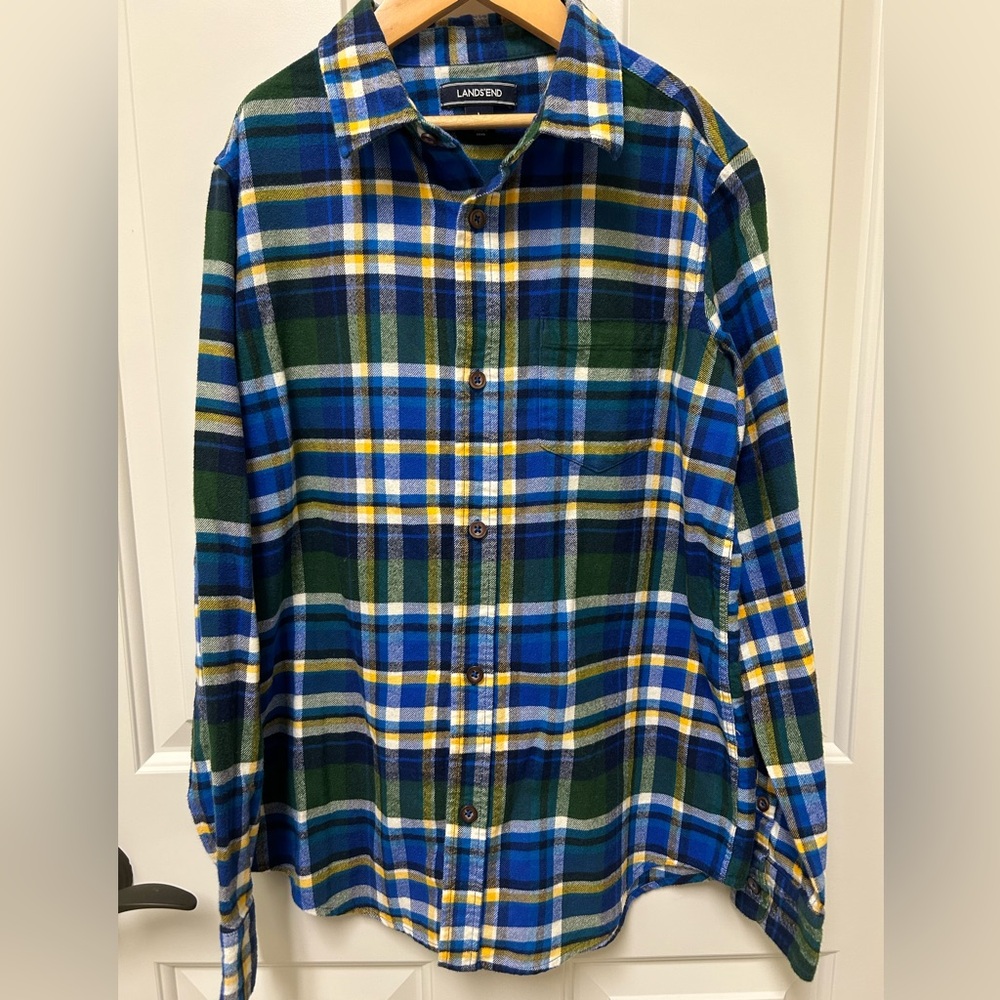 Boys Lands' End Blue, Green & Yellow Plaid Button-Down Shirt flannel sz L 14/16
